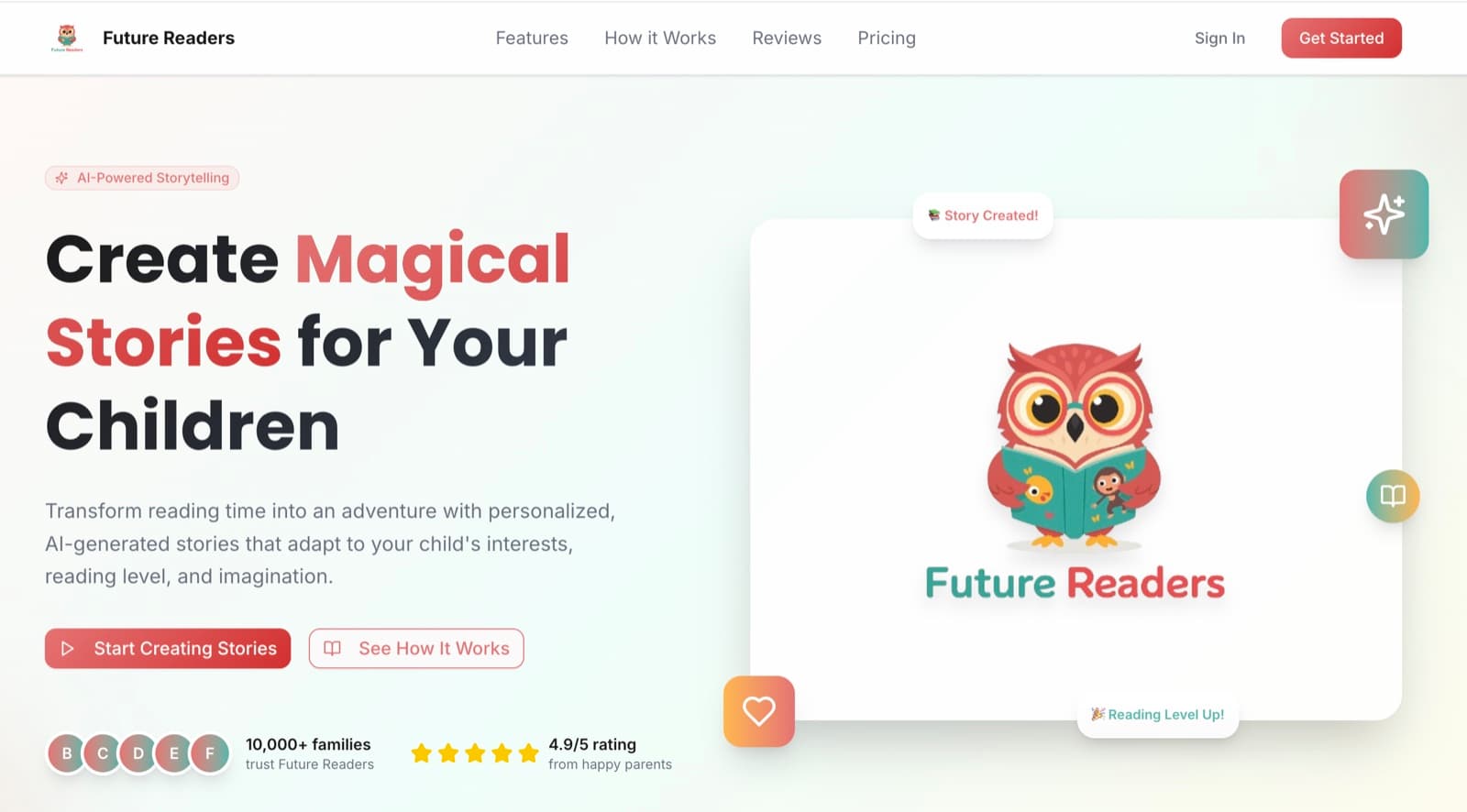Future Readers homepage — an AI-powered personalized children's storytelling platform